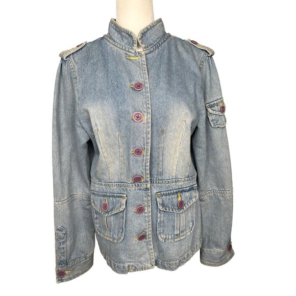 Vintage Y2K Steve Madden Utility Denim Jacket Women’s XL Military Button Front - Picture 2 of 15